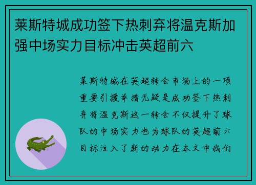莱斯特城成功签下热刺弃将温克斯加强中场实力目标冲击英超前六