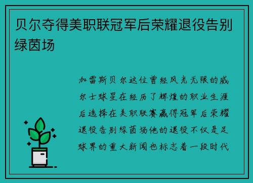 贝尔夺得美职联冠军后荣耀退役告别绿茵场